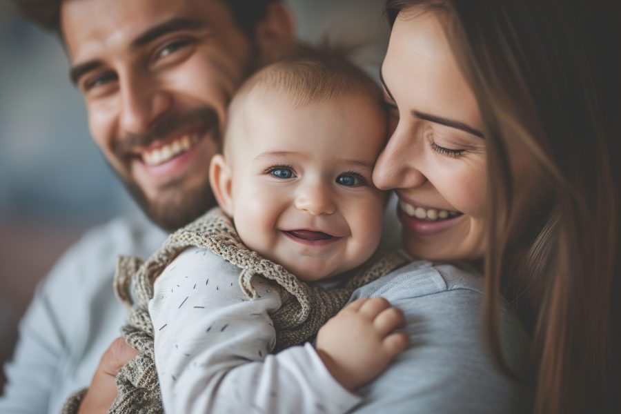 Happy man holding adorable baby near smiling wife